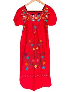 Red Embroidered Floral Mexican Peasant Artisan Maxi Dress Cotton